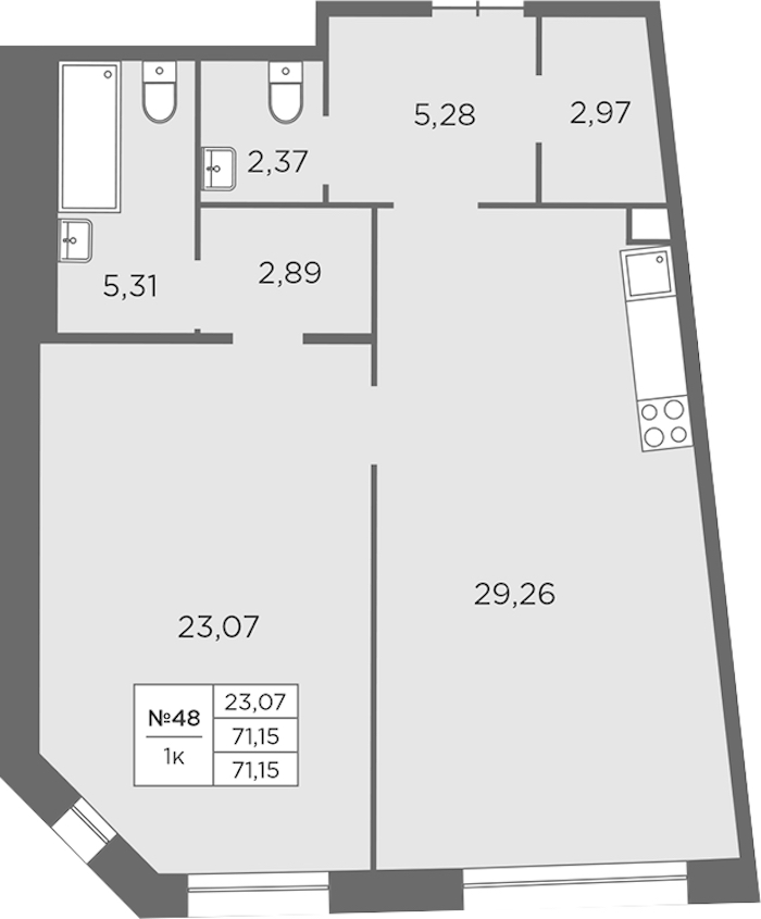 1-комнатная квартира 71.15 м², 2/7 эт., ЖК «Северная Корона»